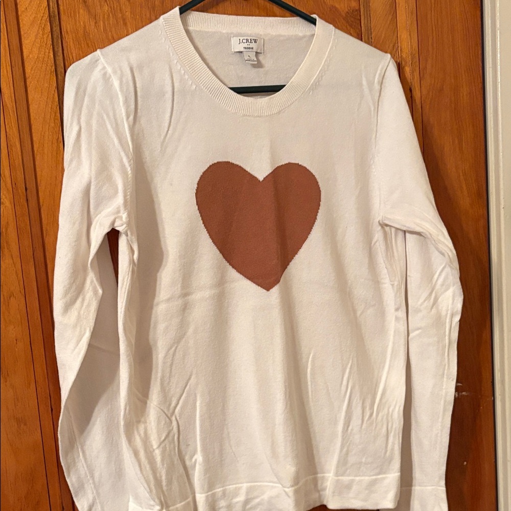 J. Crew Women’s Teddie Cream Sweater with Brown Heart Motif Size Large